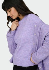 Pull violet clair en tissu doux et texturé, col rond et détails de boutons sur la manche. Coupe décontractée et ample.