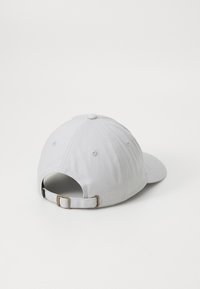Gray cotton baseball cap with a curved brim, adjustable strap at the back, and stitched details. Rear view shows a ventilation hole.