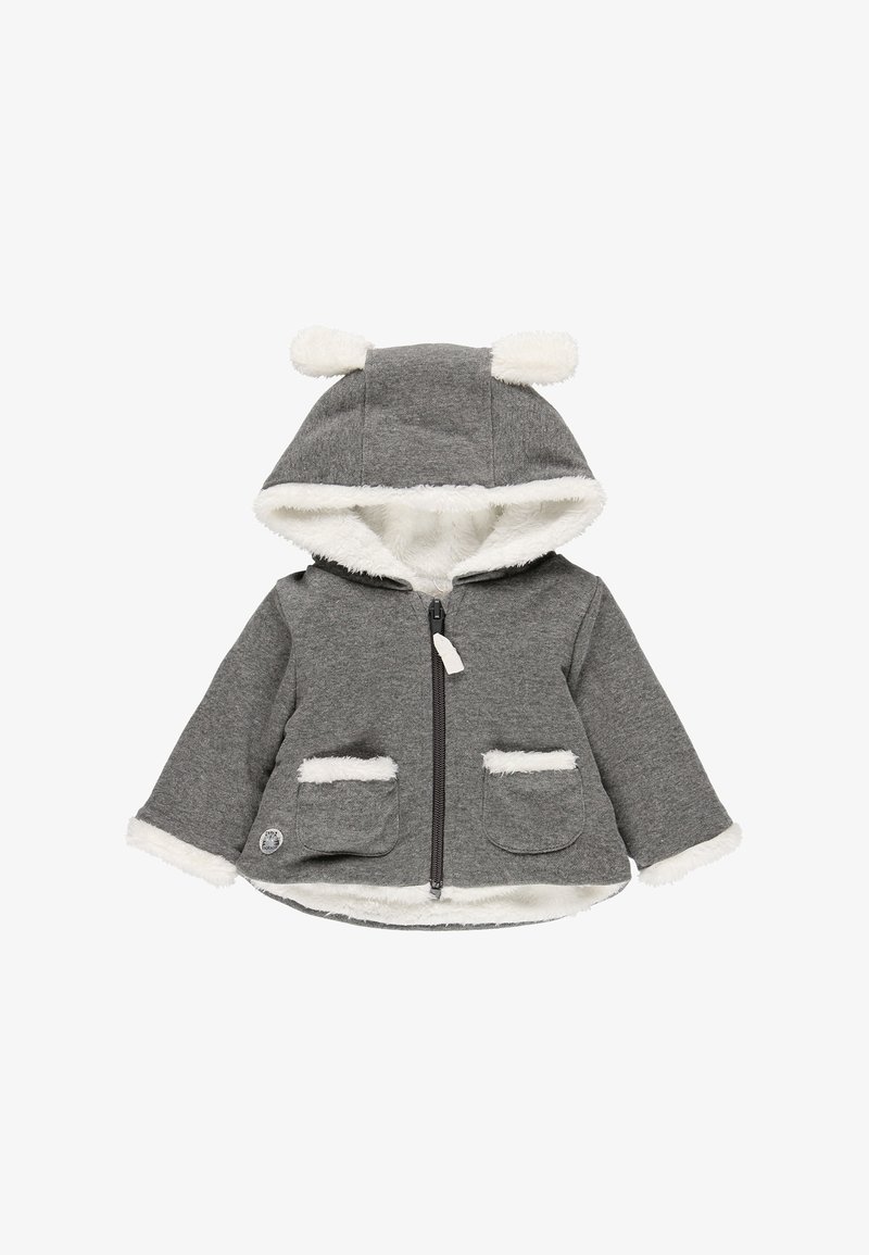 Gray jacket with a hood, featuring white fleece lining and accents. Two front pockets and ear-like details on the hood. Zipper closure.