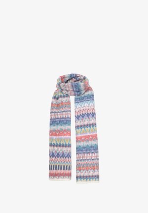 Multicolored patterned scarf featuring a knitted texture. Design includes geometric shapes in blue, purple, pink, and red hues.