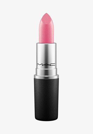 MAC lipstick with a pointed pink bullet, housed in a cylindrical matte black casing with a metallic silver accent.