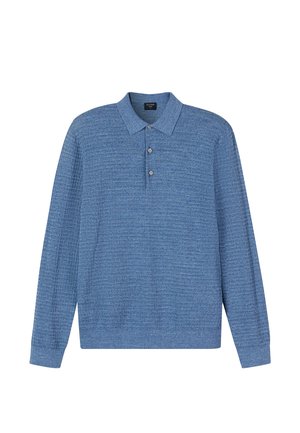 Langärmeliges, blaues Poloshirt aus strukturiertem Stoff mit Kragen und Drei-Knopf-Leiste. Verfügt über ein dezentes Muster für mehr Tiefe.