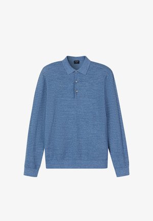 Langärmeliges, blaues Poloshirt aus strukturiertem Stoff mit Kragen und Drei-Knopf-Leiste. Verfügt über ein dezentes Muster für mehr Tiefe.