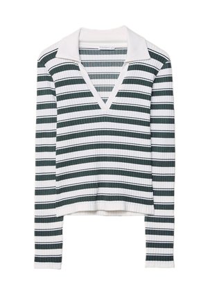 Langärmliger, gerippter Strickpullover mit breiten schwarz-weißen horizontalen Streifen und einem tiefen V-Ausschnitt.