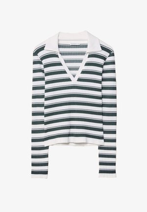 Duga majica s dugim rukavima od rebrastog pletiva s širokim crnim i bijelim horizontalnim prugama i dubokim V-izrezom.