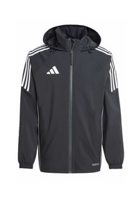 Schwarze Kapuzenjacke aus leichtem Material mit weißen Adidas-Streifen auf den Schultern, durchgehendem Reißverschluss und elastischen Bündchen.