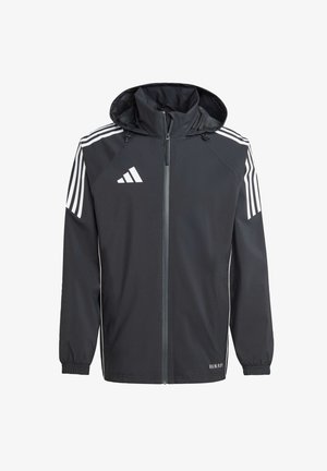 Schwarze Kapuzenjacke aus leichtem Material mit weißen Adidas-Streifen auf den Schultern, durchgehendem Reißverschluss und elastischen Bündchen.