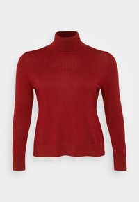 Sarkans augstais kakls džemperis ribotu audumu ar garām piedurknēm un pieguļošu siluetu. Apakša ir taisna, bez papildu rakstiem vai akcentiem.