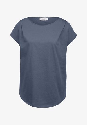 Lässiges, navy-blaues T-Shirt mit kurzen Ärmeln, Rundhalsausschnitt und glatter Textur. Mit abgerundetem Saum. Aus weichem Stoff gefertigt.