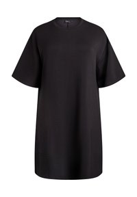 Čierne nadmerné tričko vyrobené z jemného materiálu. Má okrúhly výstrih a krátke rukávy, s rovnými okrajmi a bez viditeľných vzorov.