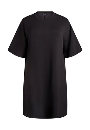 Melna, pārmērīga izmēra T-kreklis, izgatavots no mīkstas auduma. Ievērojama apaļa dekoltē un īsas piedurknes, taisna apakšmala un bez redzamām rakstu. 