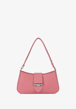 Pink leather handbag with a curved shape, a flat front flap, and silver hardware. Features a single, adjustable strap for carrying.
