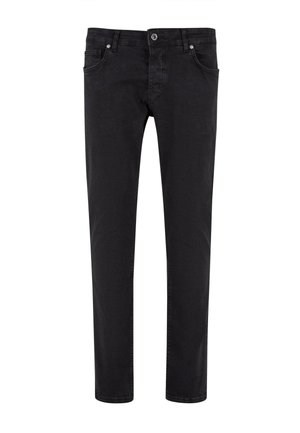 Jeans in denim nero con taglio dritto, design a cinque tasche, chiusura anteriore con bottone e dettagli cuciti lungo le cuciture.