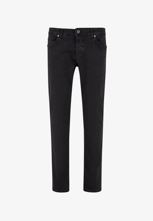 Jeans in denim nero con taglio dritto, design a cinque tasche, chiusura anteriore con bottone e dettagli cuciti lungo le cuciture.