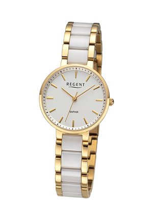 Montre-bracelet analogique Regent or et blanc avec cadran minimaliste, index dorés et maillons en céramique sur le bracelet.