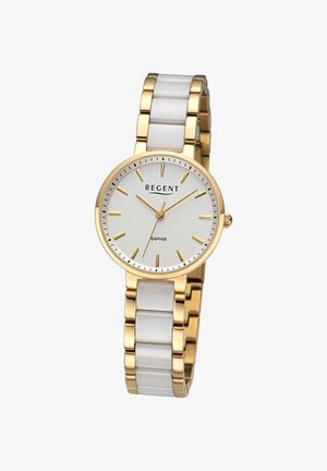 Montre-bracelet analogique Regent or et blanc avec cadran minimaliste, index dorés et maillons en céramique sur le bracelet.