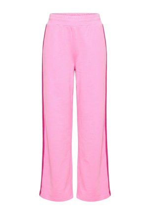 Pantaloni della tuta rosa a vestibilità ampia con vita elastica e strisce laterali di un rosa più scuro, visualizzati su sfondo bianco.