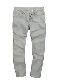 Ljusgrå byxor med ett strukturerat tyg, med en framknapp och blixtlåsstängning, fem fickor och en raka ben design.