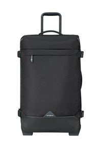 Sort hjul-kuffert lavet af slidstærkt stof med teleskopisk håndtag, udvendig lomme og en struktureret overflade. Har Samsonite-logo.