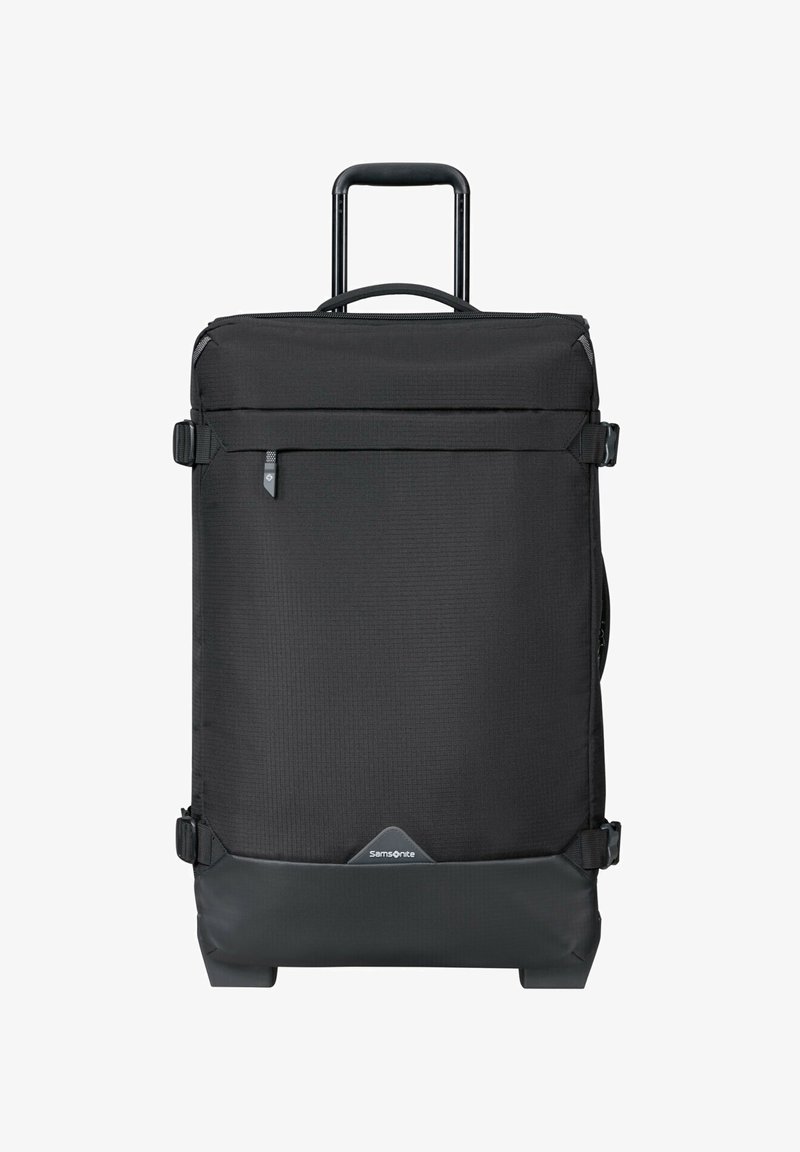 Svart hjulväska i slitstark tyg med teleskophandtag, ytterficka och strukturerad finish. Har Samsonite-logotyp.