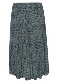 Maxi spódnica z elastycznym paskiem w talii, o granatowym tle zdobionym wzorem paisley w zieleni i bieli. Lekka tkanina.