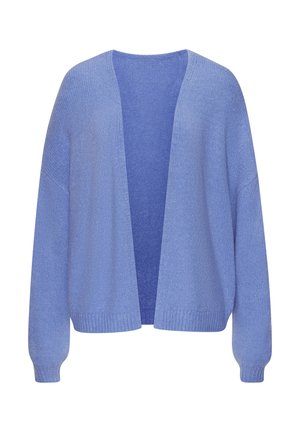 Light blue open-front cardigan with long sleeves and ribbed cuffs and hem, displayed on a white background.
