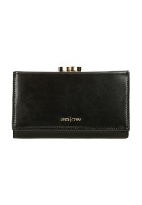 Černá kožená peněženka s hladkou texturou, vybavená zlatou sponou a logem. Obdélníkový tvar s čistými hranami a minimalistickým designem.