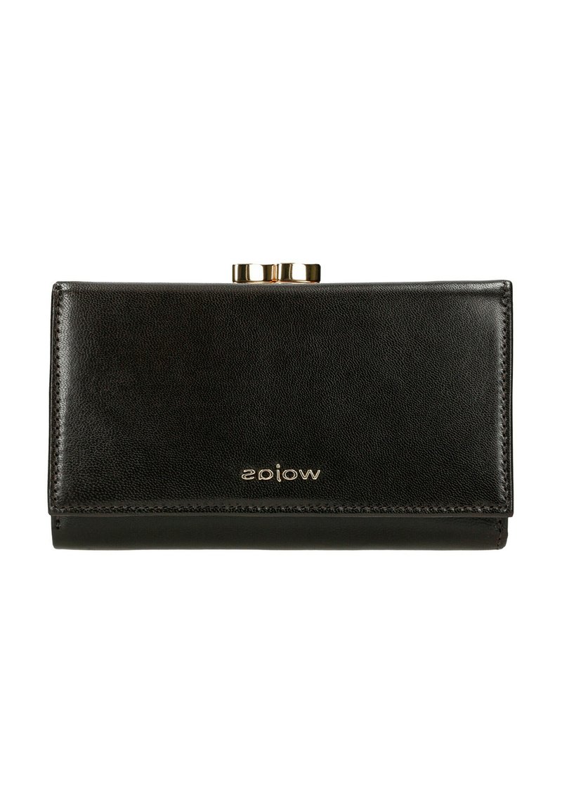 Černá kožená peněženka s hladkou texturou, vybavená zlatou sponou a logem. Obdélníkový tvar s čistými hranami a minimalistickým designem.