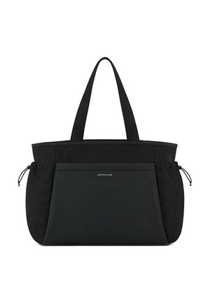 Zwarte draagtas met lange handvatten, groot voorvak en zijvakken met trekkoord, voorzien van het logo "KAPTEN & SON" aan de voorkant.
