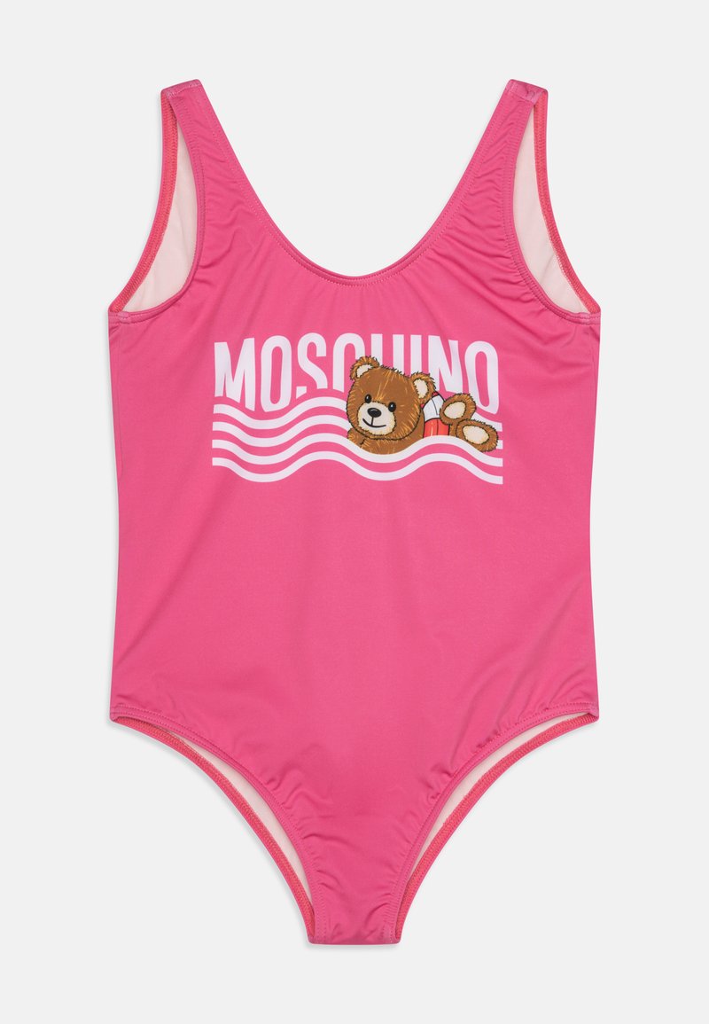 Ροζ ολόσωμο μαγιό με γραφικό σχέδιο αρκούδας και την ένδειξη "MOSCHINO", με λεία υφή και κλασική στρογγυλή λαιμόκοψη.