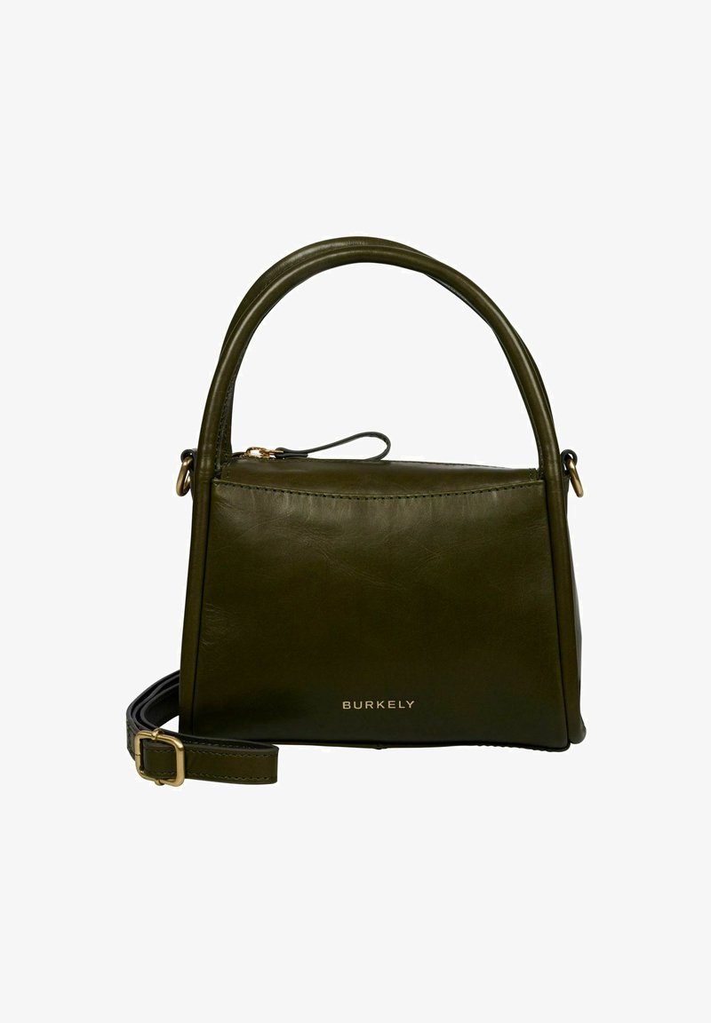 Borsa a mano in pelle verde scuro con un design strutturato, manico superiore, tracolla e dettaglio del logo in oro sulla parte anteriore. Texture liscia.