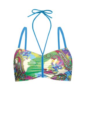 Góra od bikini z regulowanymi niebieskimi ramiączkami na ramiona i szyję, ozdobiona kolorowym kwiatowym i paisley wzorem na kremowym tle.