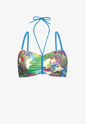 Góra od bikini z regulowanymi niebieskimi ramiączkami na ramiona i szyję, ozdobiona kolorowym kwiatowym i paisley wzorem na kremowym tle.