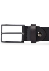 Black leather belt featuring a rectangular silver metal buckle, threaded loop, and a snap button detail near the end. Smooth texture.