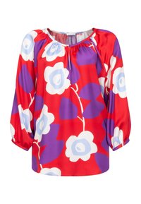 Rote Bluse mit weißem und blauem Blumenmuster, mit gerafftem Ausschnitt und langen Ärmeln mit elastischen Bündchen. Glatter, leichter Stoff.