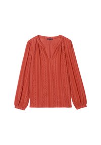 Blouse à manches longues couleur rouille avec un col en V, en tissu texturé, rayures verticales et détails brodés. Manches légèrement froncées.