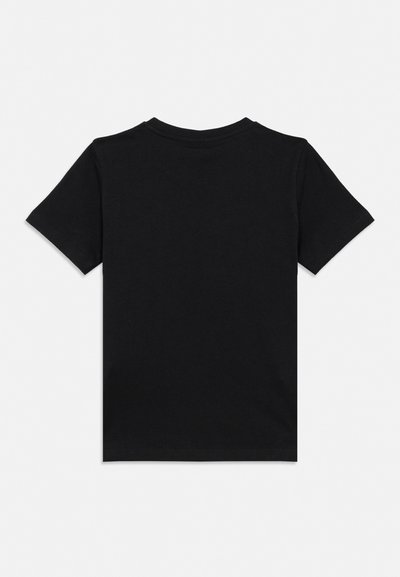 Tricou negru cu mâneci scurte și gât rotund, văzut din spate, design simplu fără logo-uri sau modele vizibile.