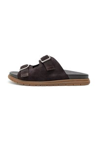 Dark brown suede slide sandals with two adjustable straps, silver metal buckles, and a textured rubber sole for grip.