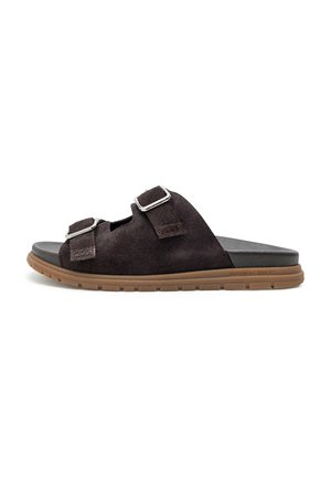 Dark brown suede slide sandals with two adjustable straps, silver metal buckles, and a textured rubber sole for grip.