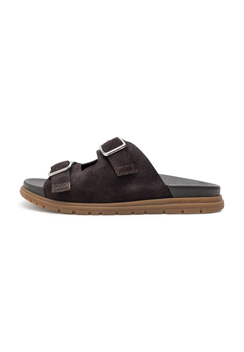 Dark brown suede slide sandals with two adjustable straps, silver metal buckles, and a textured rubber sole for grip.