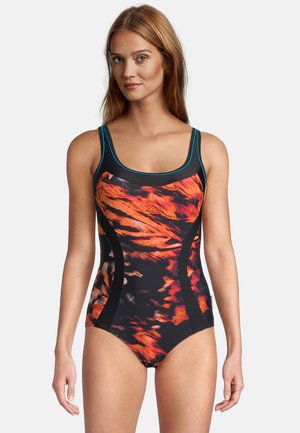 Schwarze Badeanzug mit lebhaften orange- und roten abstrakten Mustern, ausgestattet mit breiten Trägern und einem stromlinienförmigen Design. Hergestellt aus dehnbarem Stoff.