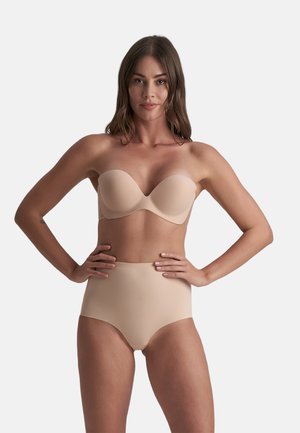 Reggiseno nude senza spalline e culotte a vita alta, design senza cuciture, texture liscia, copertura totale, senza cuciture visibili, stile minimalista.
