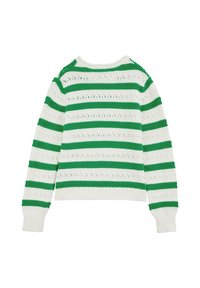 Stickad tröja med gröna och vita horisontella ränder, med mönster i öppen stickning samt ribbade muddarna, halsringningen och fållen.