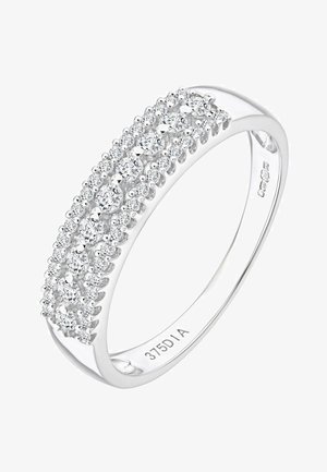 Valge kuld rõngas, mille rõngas on kaetud säravate ümardatud lõikega teemantidega, sileda poleeritud pinnaga ja õrnalt kõverda profiiliga.