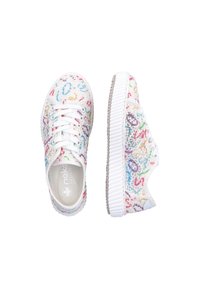 Baskets en toile blanches avec un motif floral coloré, à lacets, et une semelle en caoutchouc blanc texturé.