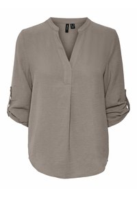 Blusa taupe con scollatura a V e maniche 3/4 con risvolti. Tessuto leggero, texture sottile e dettagli dell'orlo curvo.