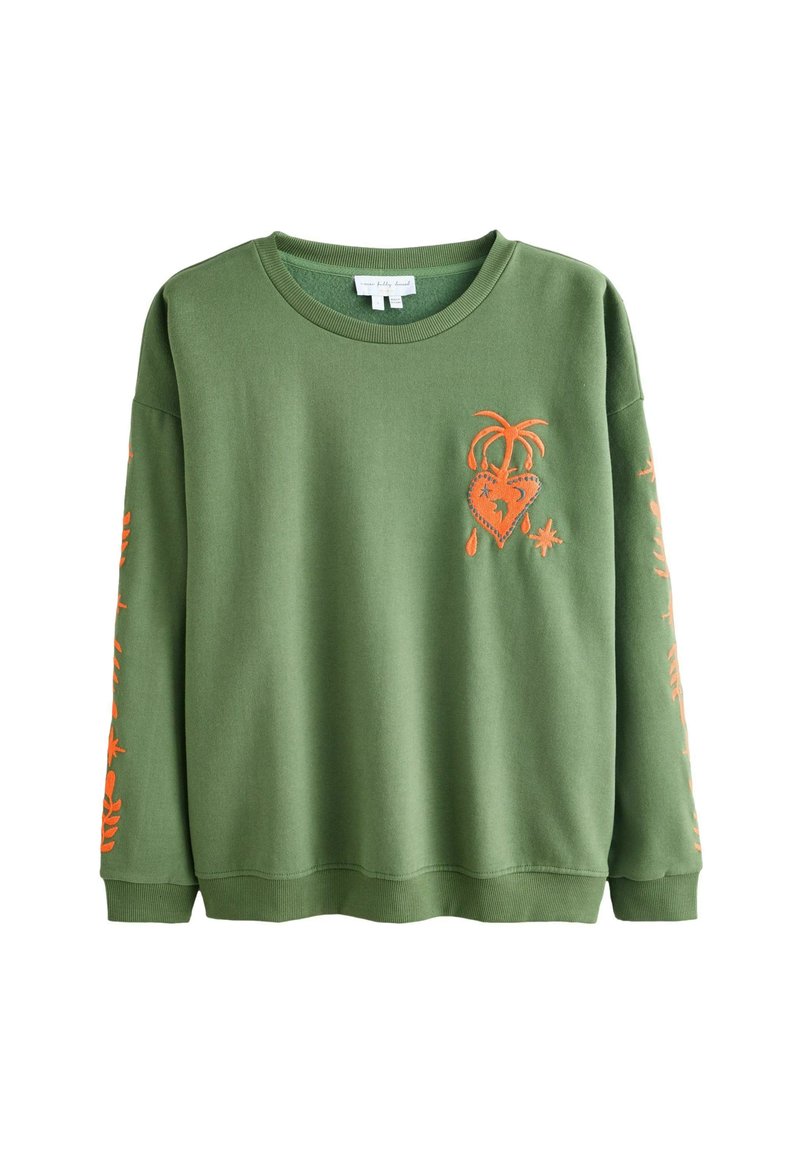 Zelená mikina s dlhými rukávmi, na prednej strane a rukávoch s oranžovou vyšívanou ozdobou s motívom srdca a palmy.