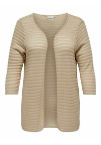 Beige otevřený cardigan vyrobený z texturované pleteniny, s ribovaným vzorem, dlouhými rukávy a uvolněným střihem.