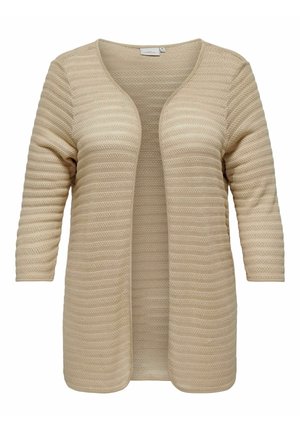 Beige open-front cardigan gemaakt van textuur gebreide stof, met een geribd patroon, lange mouwen en een relaxed fit ontwerp.