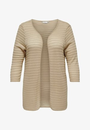 Beżowy kardigan z otwartym przodem, wykonany z teksturowanej dzianiny, z prążkowanym wzorem, długimi rękawami i luźnym krojem.
